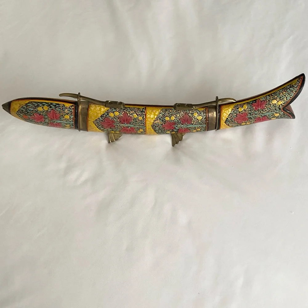 Vintage Fish Knife & Fork Carving Set in a fish shaped wood & brass stand - Picture 1 of 9
